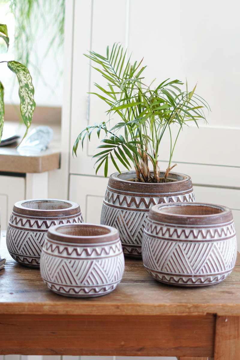 tribal plant pots Handcarved Tribal Abstract Pattern Wooden Planter Set (Set of 4)