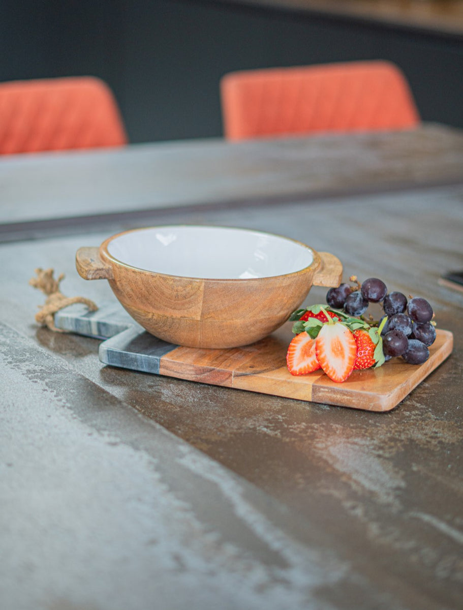 Handcrafted Mango Wood Serving Bowl with Botanical Print & Handles