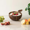 Coconut bowl with yogurt and berries on a marble surface with fruits around