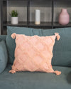 Pink textured pillow on a teal couch with a blurred background
