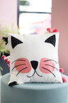Embroidered Kitty Tasselled Cotton Cushion Cover