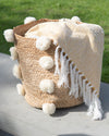 Hand Braided Pom-pom Jute Storage Basket - Beige