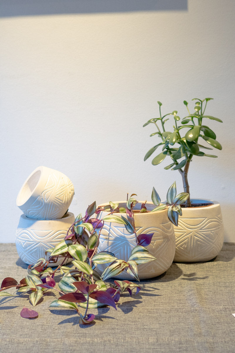 tribal plant pot Handcarved Indoor Wooden Planter Set (Set of 4)
