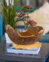 Wooden bowl on books with a blurred plant and decorative item in the background