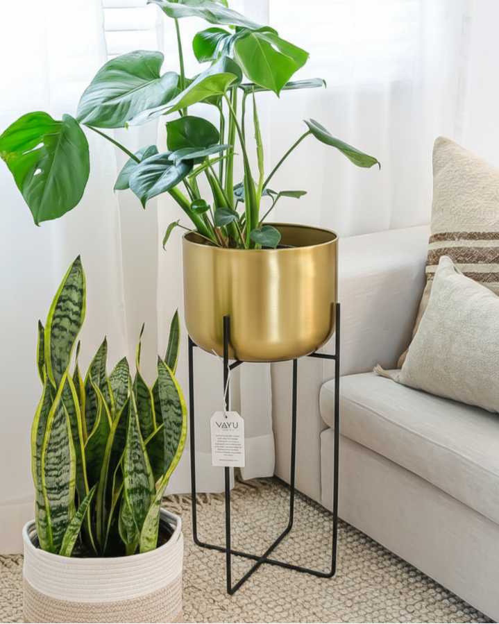 large gold planter pots Handcrafted Large Sleek Gold Aluminium Planter with Stand – Vayu Earth