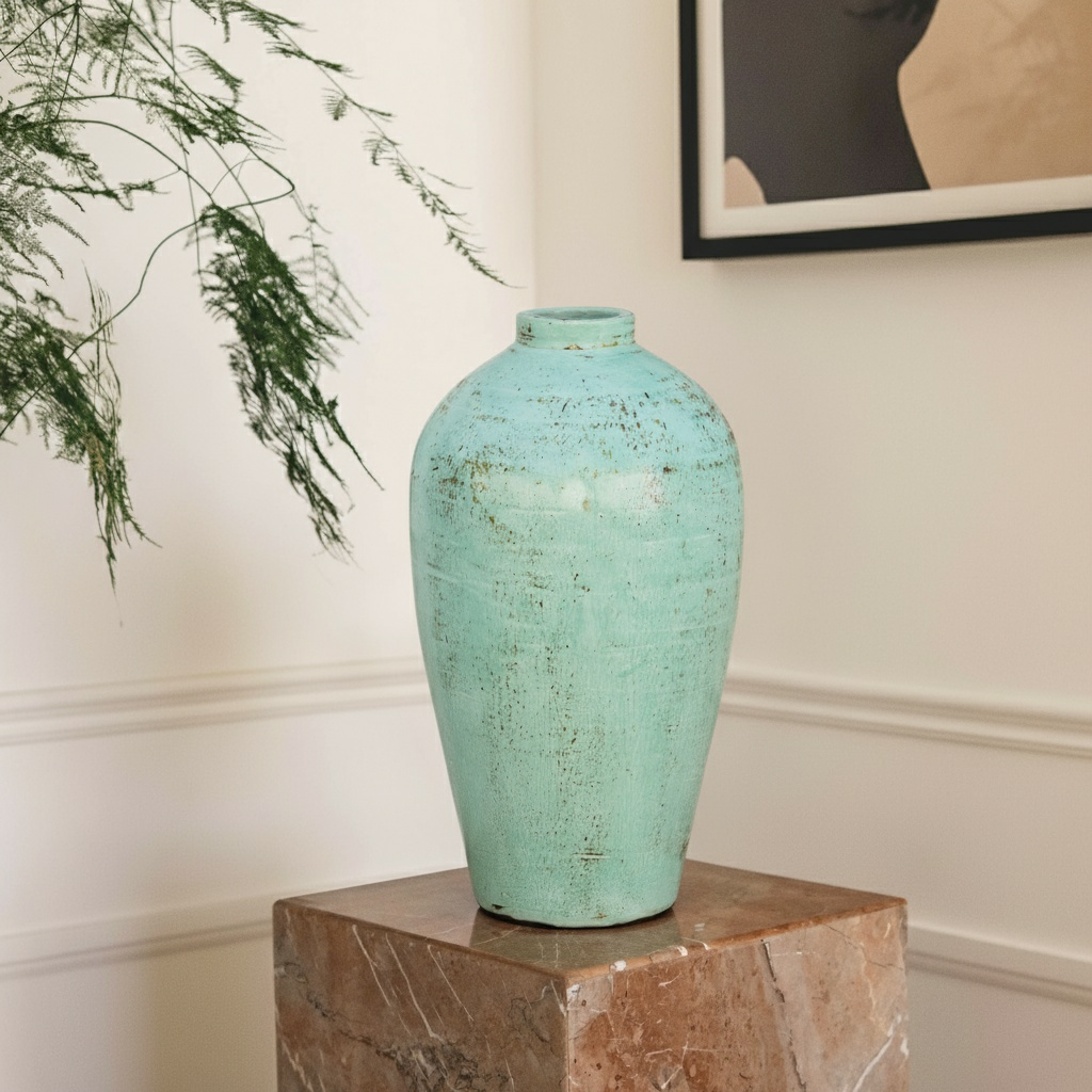 Handcrafted Mint Blue Glazed Terracotta Pottery Vase