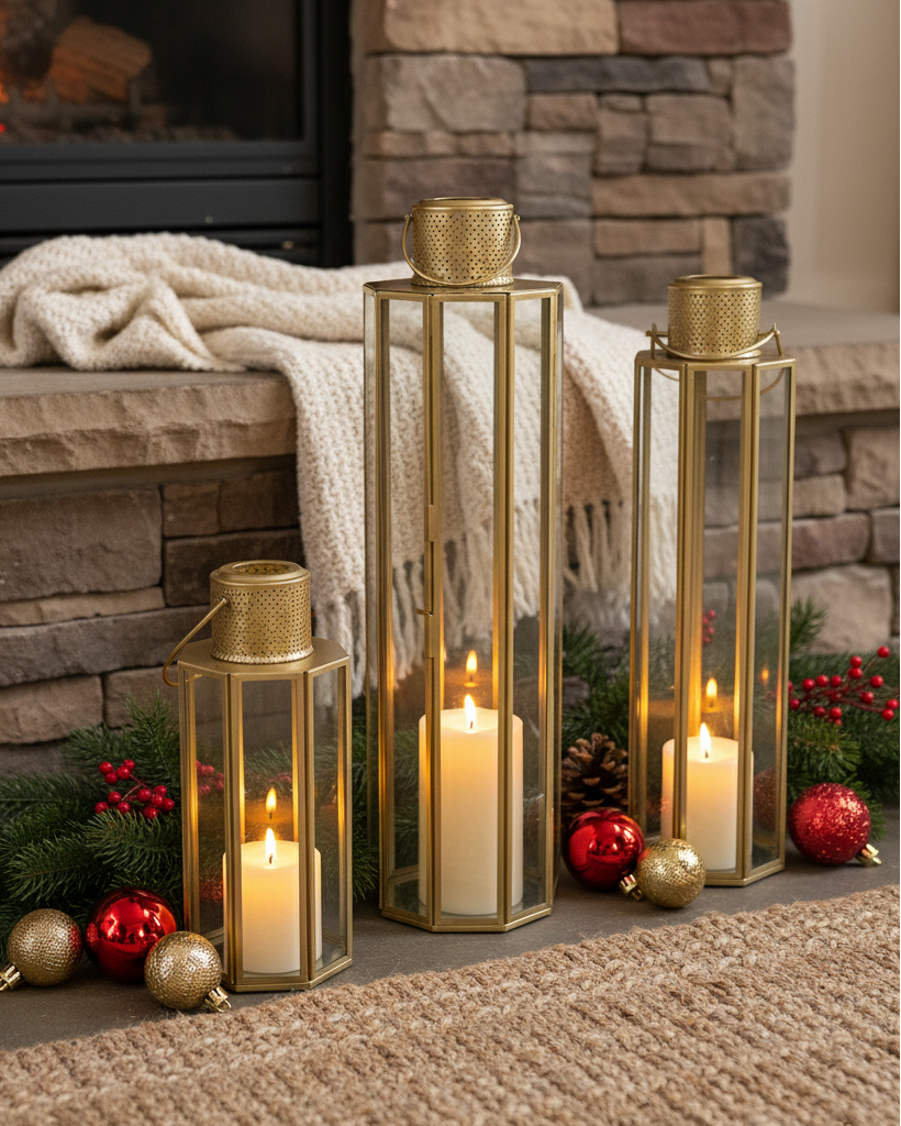 M*u様 REI Candle Lantern ゴールド Handmade Gold Modern Decorative Metal & Glass Candle Lantern (Set