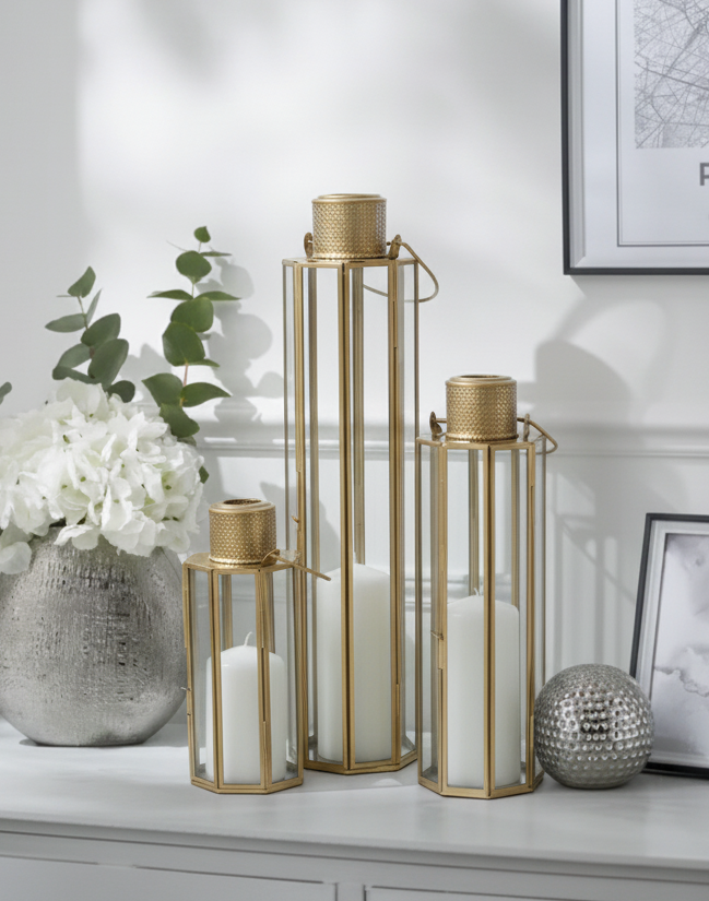 Handmade Gold Modern Decorative Metal & Glass Candle Lantern (Set