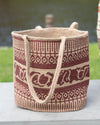 Handwoven Ethnic Printed Jute Basket with Handles - Brown