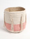 Handwoven Round Geometric Tasselled Storage Basket - Red & Beige