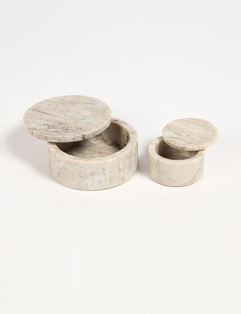 Round Beige Marble Containers with Lid (Set of 2) – Vayu Earth