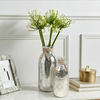 Two silver glittery vases with flowers on a white surface with a neutral background