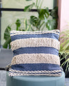 Blue and white striped pillow on a teal chair with plants in the background