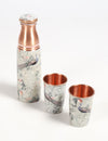 Enamelled Peacock & Hornbill Vintage Copper Bottle & 2 Glasses Set
