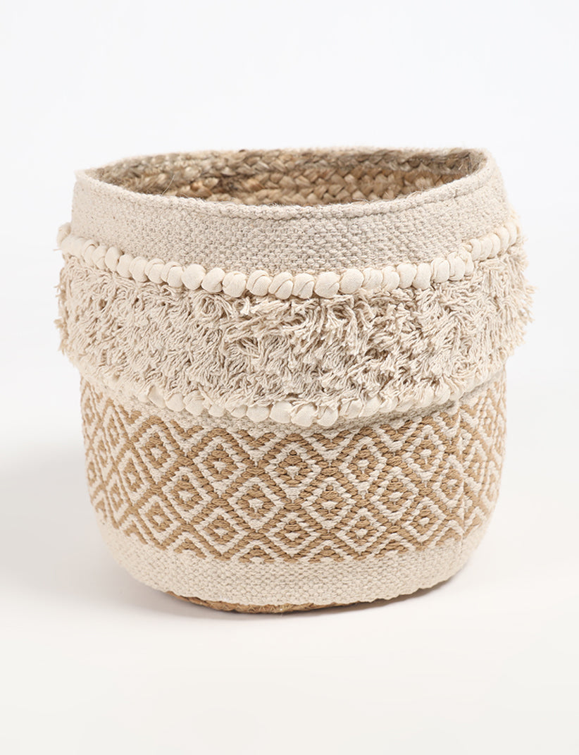 Hand Woven Textured Natural Jute Cotton Storage Basket Beige