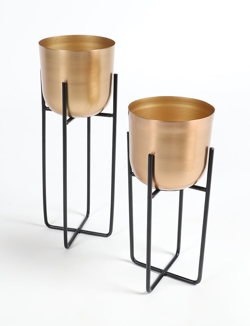gold coloured plant pots Handcrafted Sleek Gold Aluminium Planter with Stand (Set of 2) – Vayu Earth