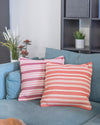 Two striped pillows on a blue couch with a decorative plant and shelf in the background.