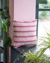 Striped pink and white pillow on a chair with plants in the foreground